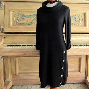 BLACK DRESS, S, WARM & COZY COWL NECK LONG SLEEVE, NWOT w FLIRTY BUTTONS
